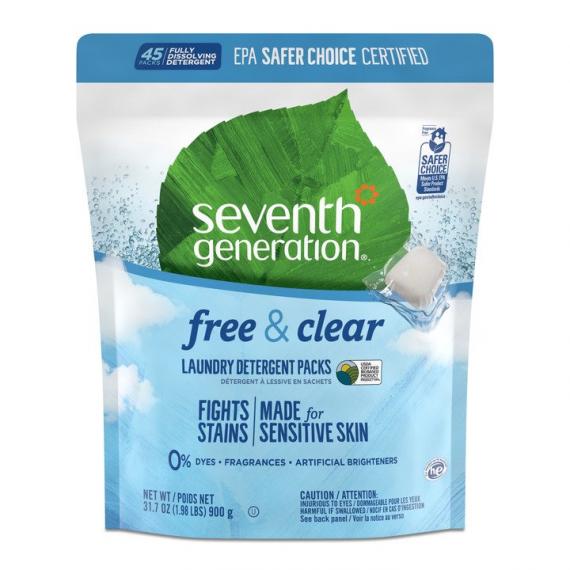 Seventh Generation, Laundry Detergent Packs, Free & Clear, 45 Packs